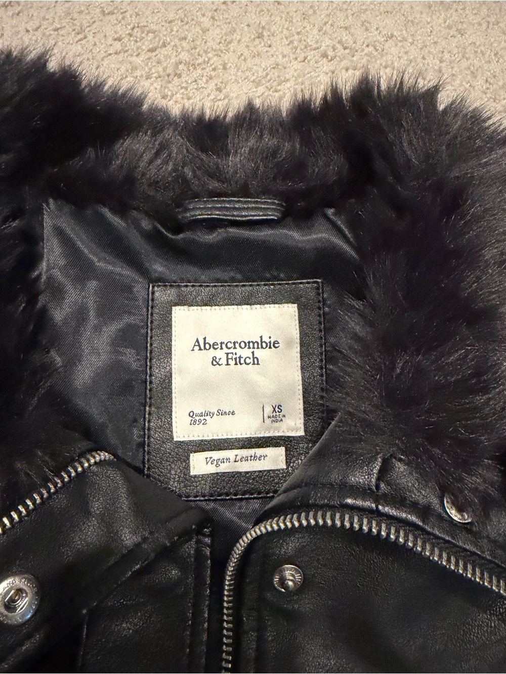 Abercrombie & Fitch Black Vegan Leather Jacket with Faux Fur Trim